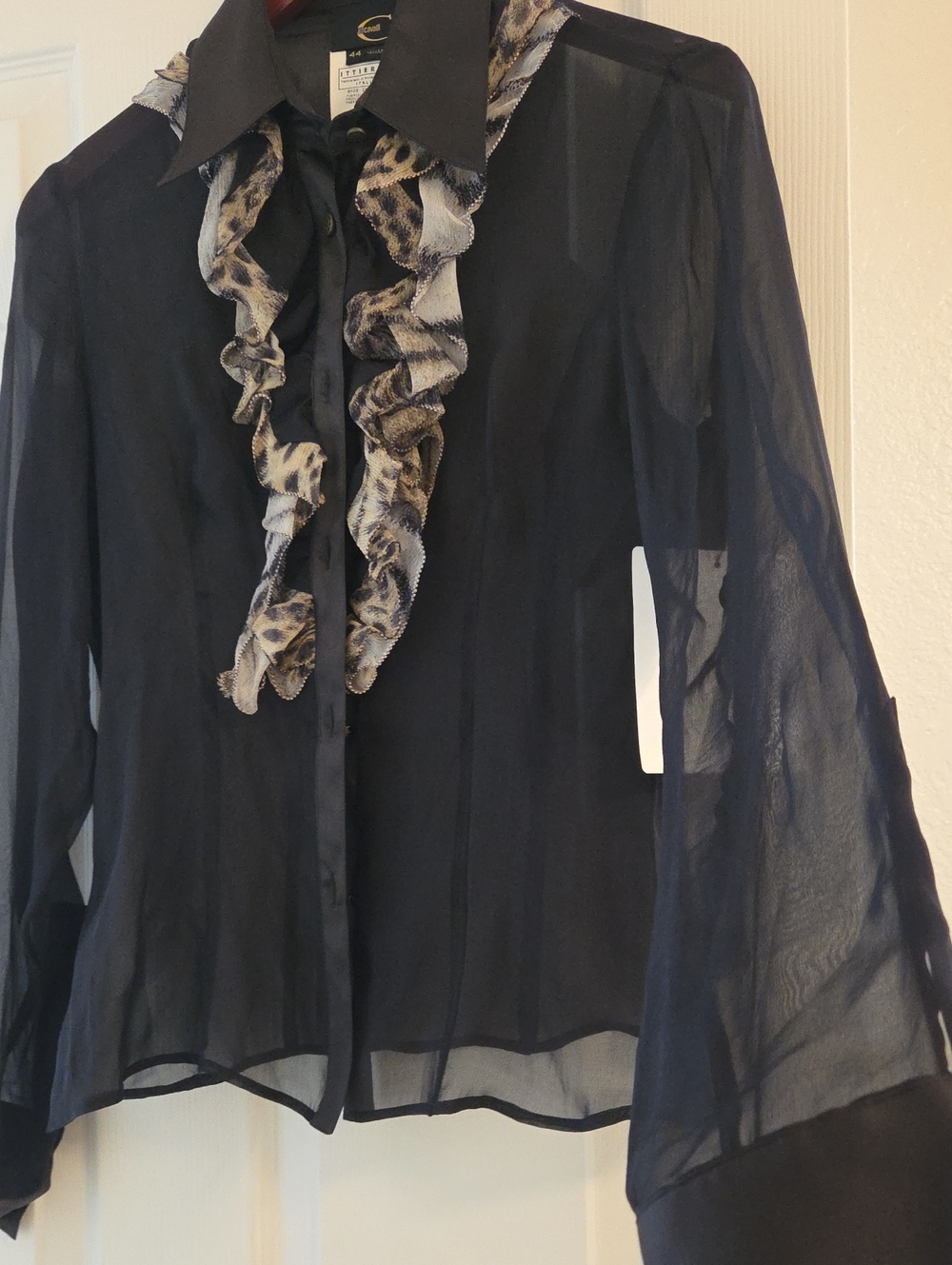 Just Cavalli Sheer Black Silk Blouse with Leopard Ruffle & Satin Trim - 44 / S - Picture 4 of 4